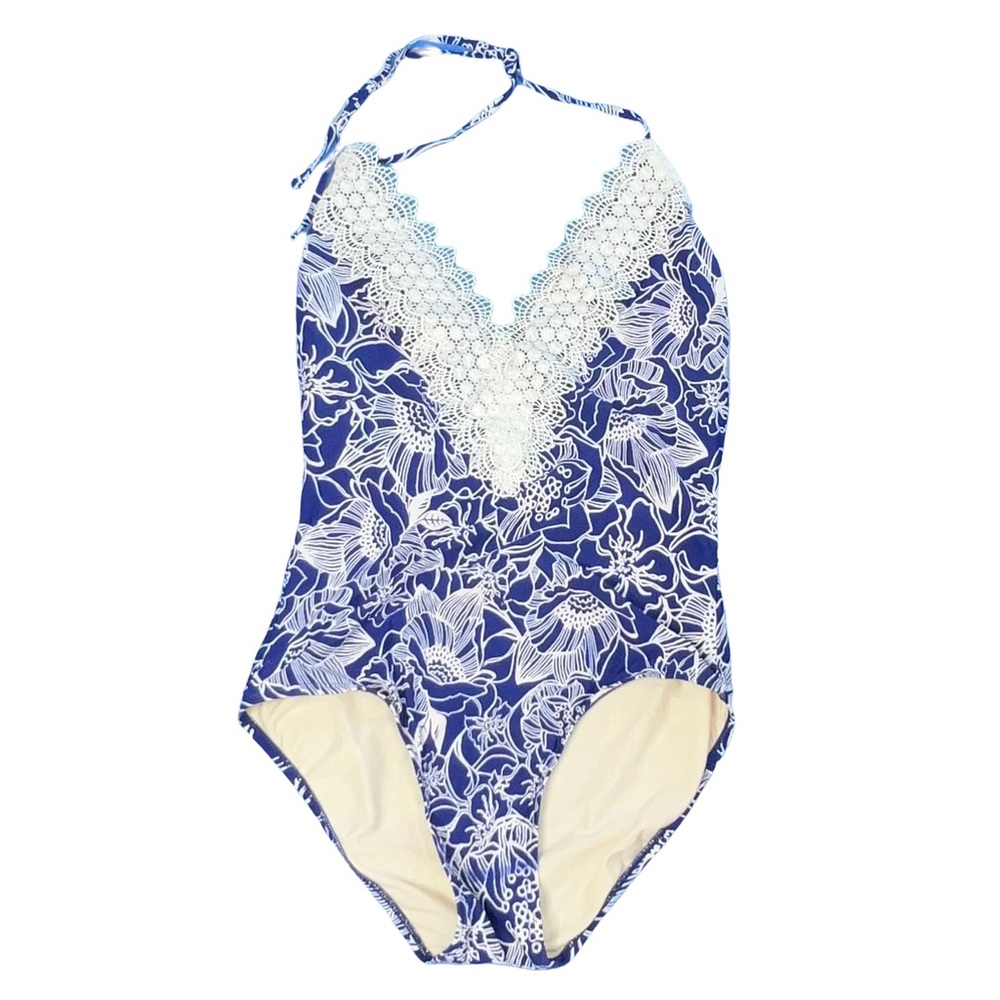 4/$24 Sea Angel Blue & White Lace V-Neck Tropical Floral Print Halter Swimsuit‎